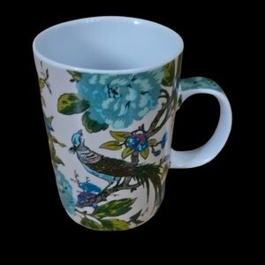 *World Market Mug Ceramic Teal Pheasants & Floral